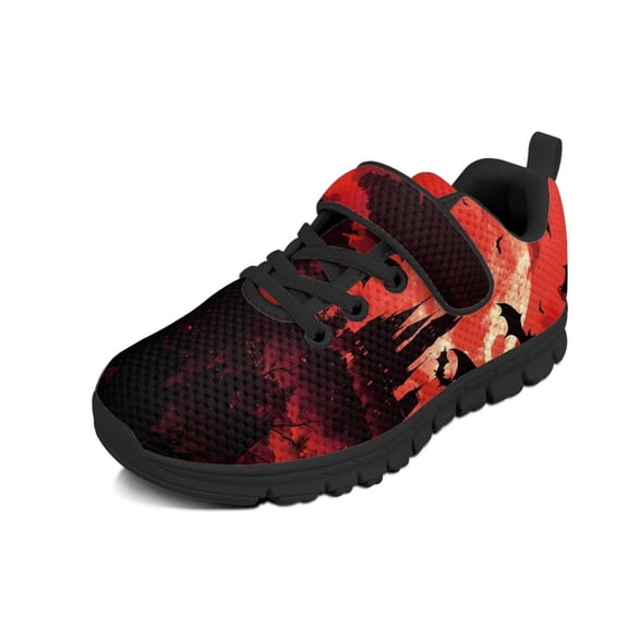 Pointodoor Halloween Bat Castle Shoes for Kids Scary Blood Sky Boys Girls Shoes Mesh Knit Play Tennis Footwear Non Slip Athletic Running Walking Lightweight Lace Up Sneakers