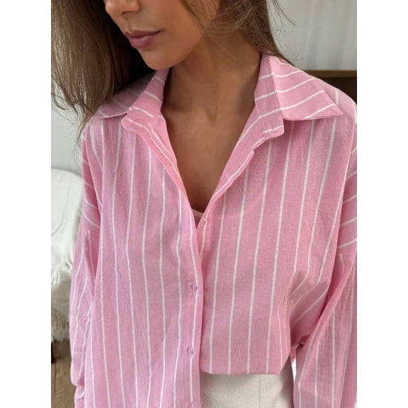Pink Vertical Striped Long Sleeve Button-Up Shirt Women Casual Oversized Top