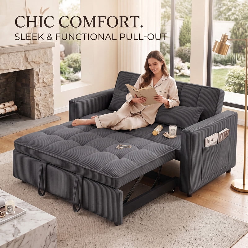 Gewnee 54" Sofa Bed, Convertible Sleeper Sofa & Pull Out Couch with Adjustable Backrest and Storage Pocket, Black(Corduroy)