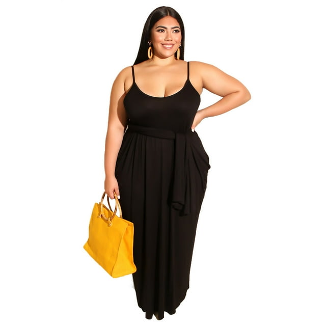 Womens Spaghetti Strap Maxi Dress Plus Size Sleeveless with Pockets and Belt - Black