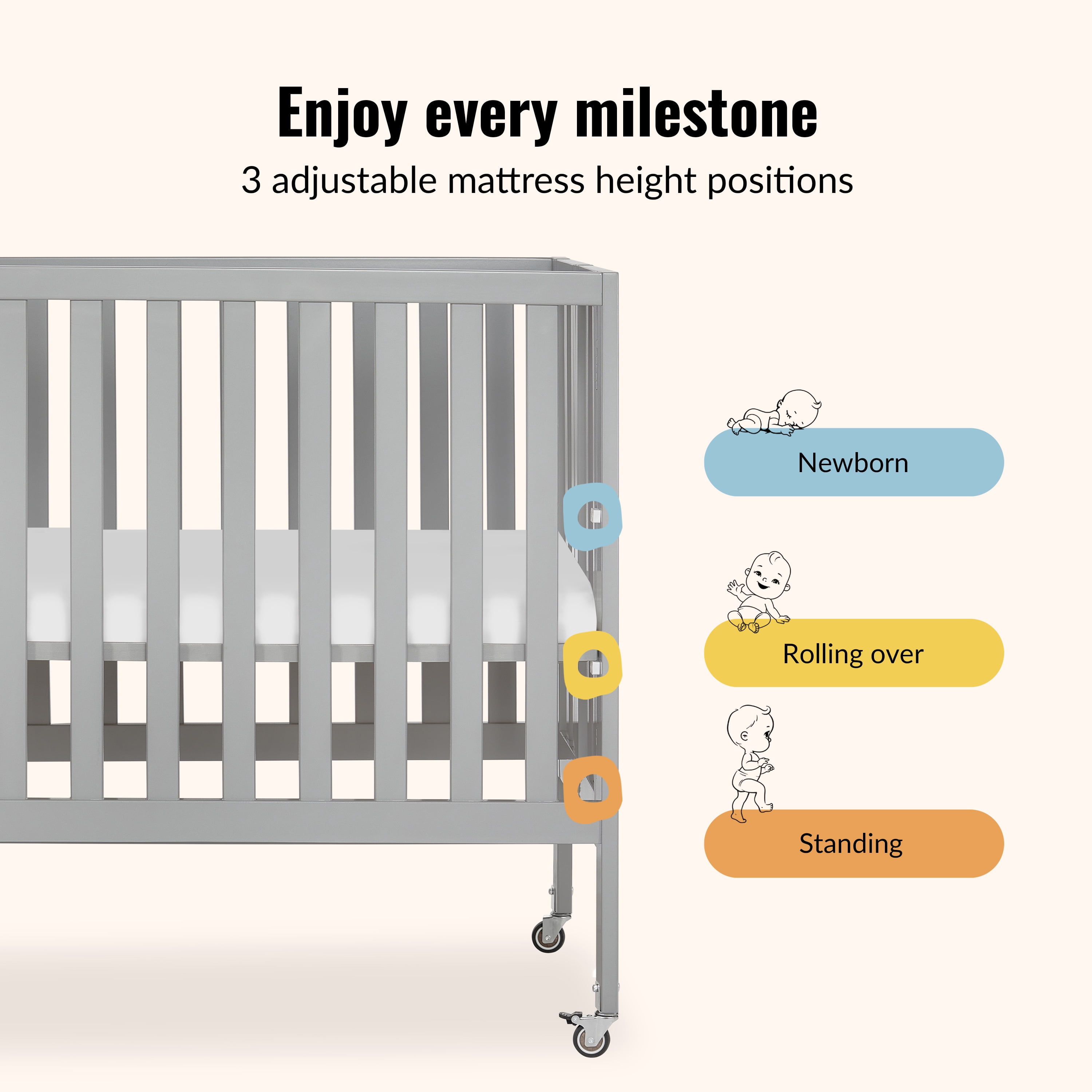 Dream On Me Jett Non-Full Size Folding Crib I Removable Wheels I Modern Nursey I Adjustable Mattress Support I Patent Folding System I Included 2.5” Mattress In Pebble Gray