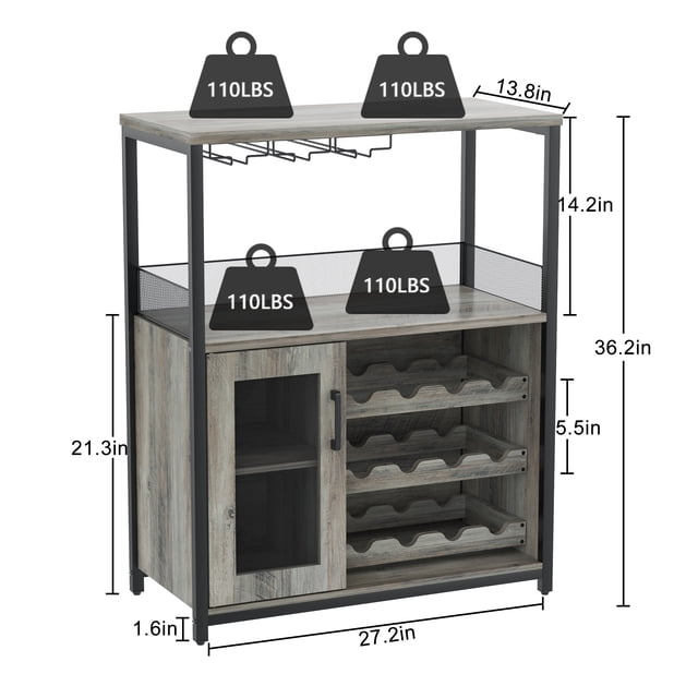 Freestanding Wine Storage Cabinet with Glass Holder – 12-Bottle Wine Rack, 9-Glass Rack, Mesh Door & Adjustable Legs, Waterproof MDF for Kitchen, Dining Room, Home Bar(Grey)