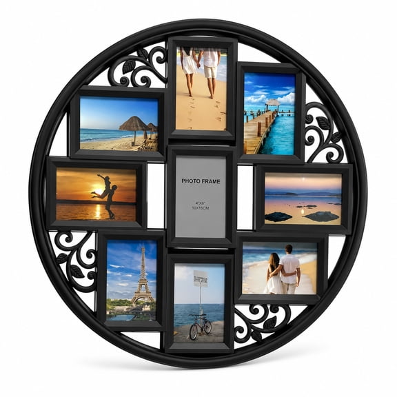 iFaveorr Round Collage Picture Frame, 23.6 Inch Large Black Decorative Wall Frame Holds 9 Pcs 4"x6" Photos, Ornate Scrollwork Hollow‑Cut Frame for Wall Mount, Home Gallery Wall Decor for Living Room