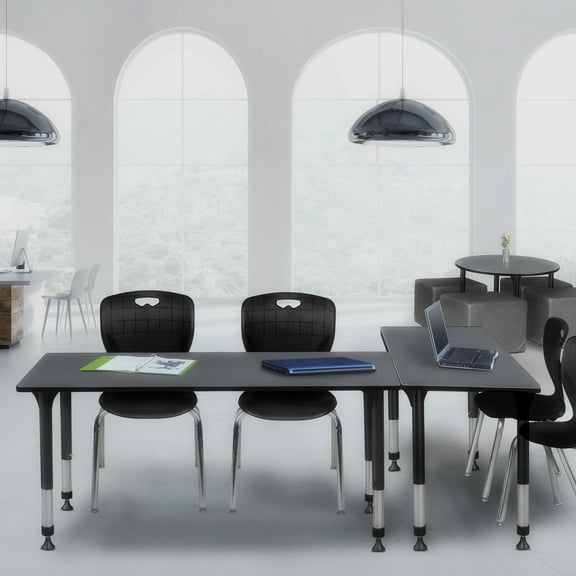 Regency Kee 66 x 30 in. Adjustable Classroom Table- Grey & 2 Andy 18 in. Stack Chairs- Black