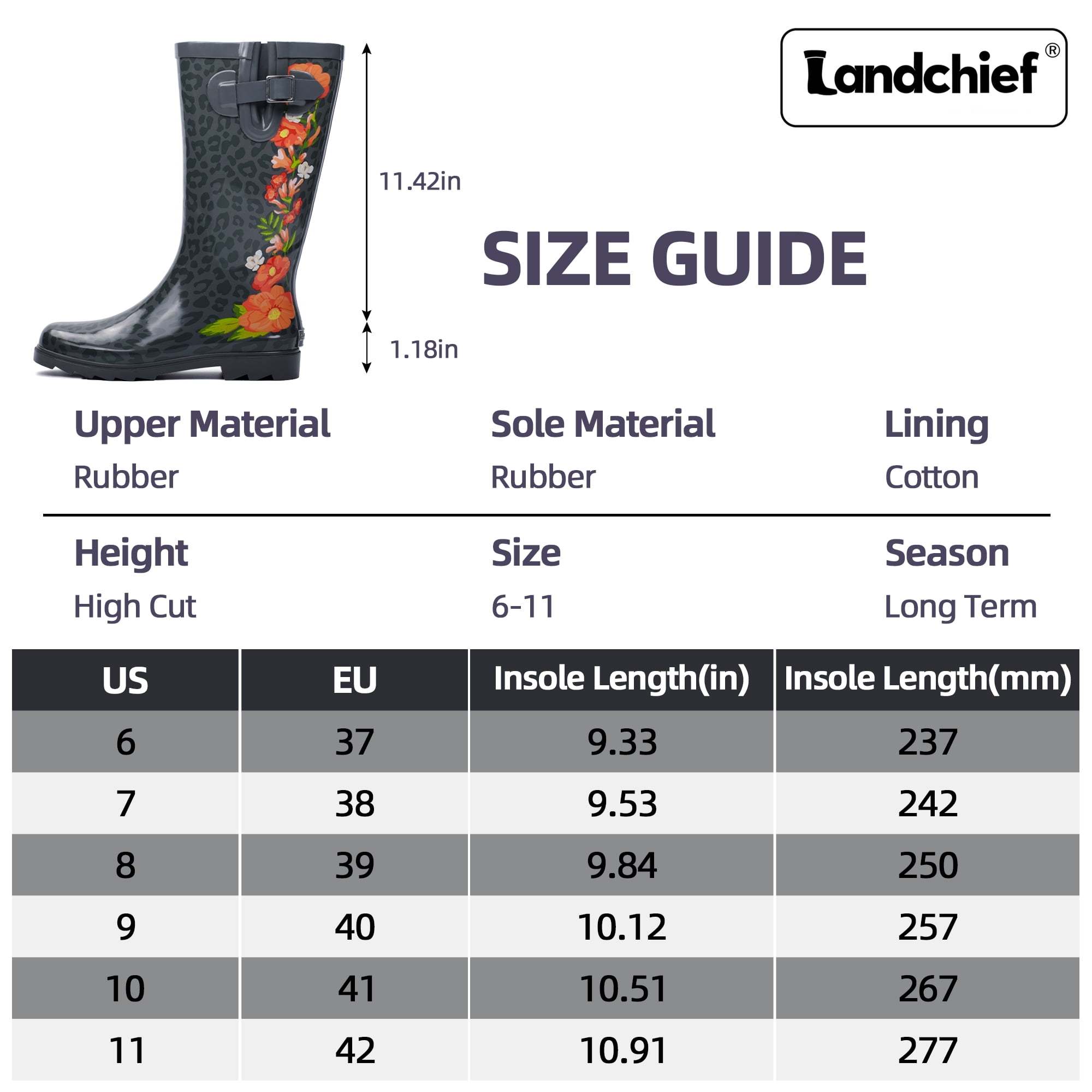 Landchief Women's Tall Waterproof Rubber Rain Boots for Garden, Size 7, Red Flowers
