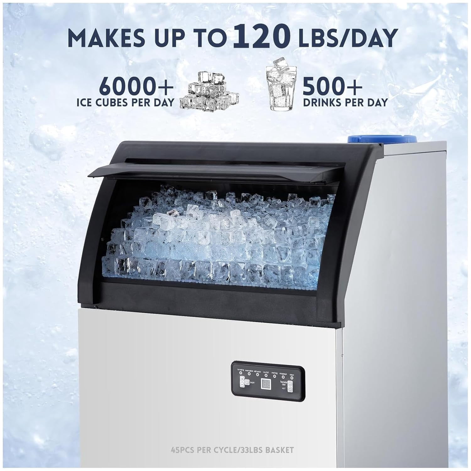 Commercial Ice Maker Machine - 120lbs/24H, 33lbs Storage, Stainless Steel Under Counter, Self Cleaning, Water Filter & Scoops - Ideal for Home, Office, Restaurant, Bar