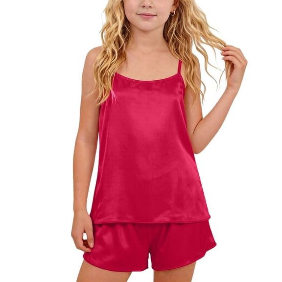 CYRBOKO Girls Outfit Sets, Sleepwear Elastic Waist Comfy Spaghetti Strap Loungewear Sets Wine Size 13-14 T