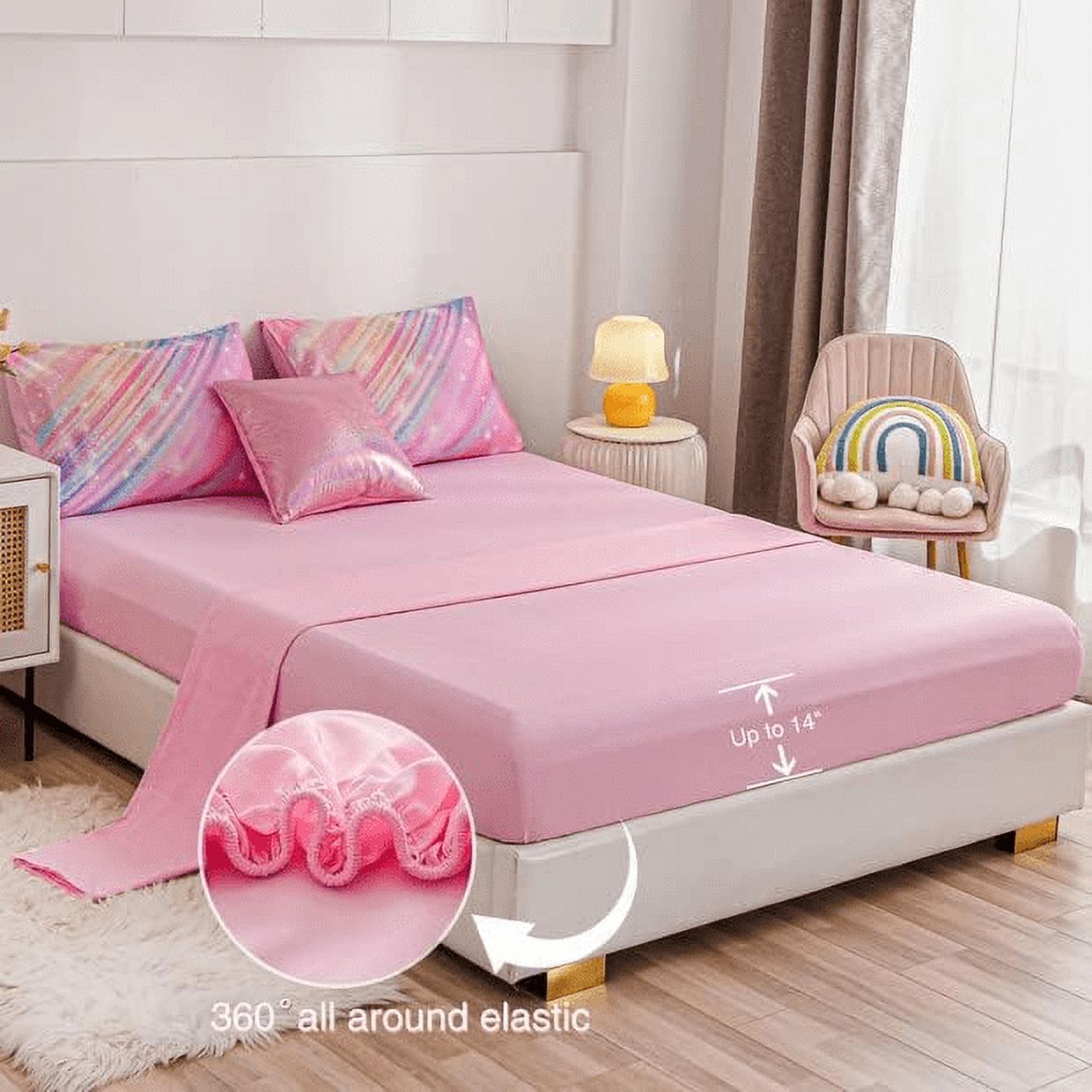 Btargot 6PCS Pink Galaxy Twin Comforter Set Rainbow Gradient Star Ring Bedding Set for Girls Kids