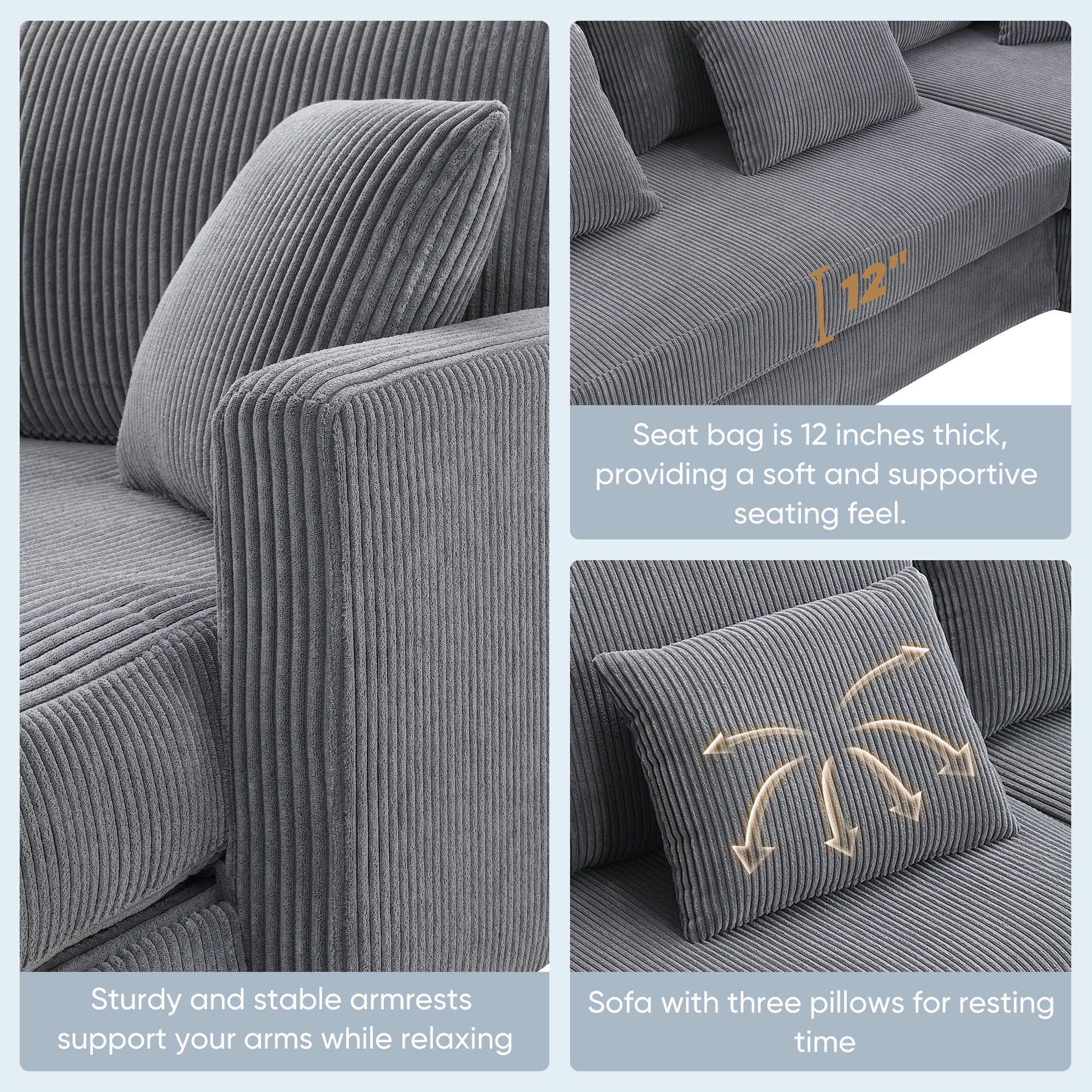EUROCO 1300LBS 87" Modern L-shaped Sectional Sofa Couch, 4 Seat Corduroy Couch with Reversible Chaise and Pillows, Upholstered Convertible Sleeper Couch for Living Room, Apartment, Office, Gray