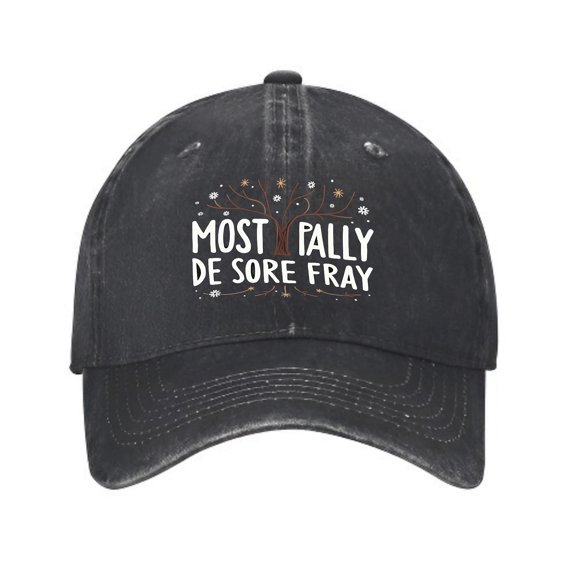 Vintage Cotton Washed Distressed Baseball Cap with Playful ' MOST I PAILY DE FRAY ' Text and Decorative Stars - Stylish Golf Dad Hat for Men and Women