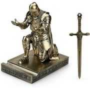 HDMbigmi King's Guard Leader Cloak Warrior Pen Holder Mobile Phone Stand, Resin Pen Stand Paperweight with a Metal Sword Letter Opener for Office and Home (Copper)