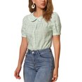 thumbnail image 4 of Blusa de mujer con cuello Peter Pan en contraste, manga corta abullonada, camisa de cuadros, talla S, verde guisante, 4 of 6