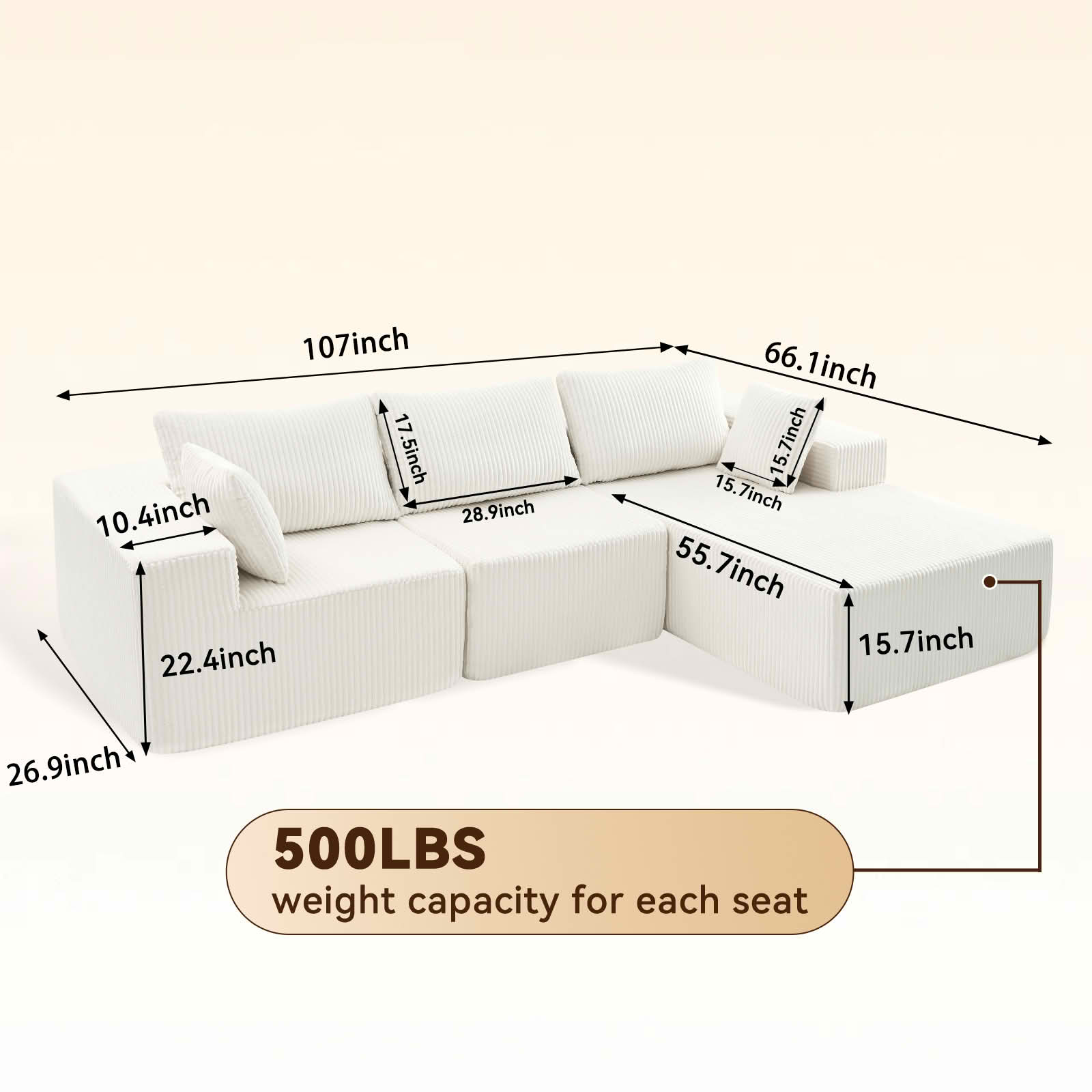 MAYEERTY 108-Inch Modern Modular L-Shaped Sofa, Upholstered Boneless Sofa with Lounge Chair