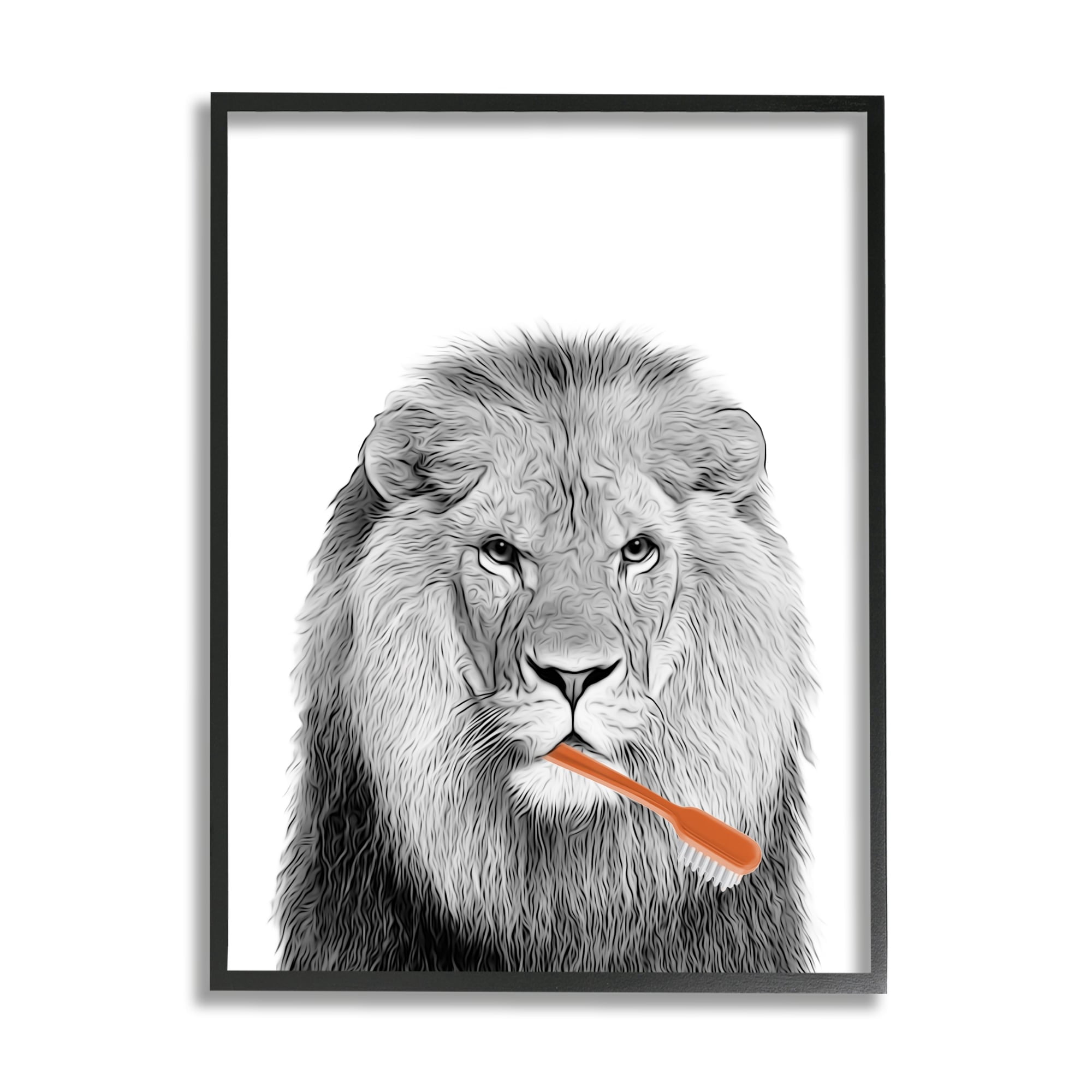 Stupell Industries Lion Brushing Teeth Bathroom Animals & Insects Painting Black Framed Art Print Wall Art