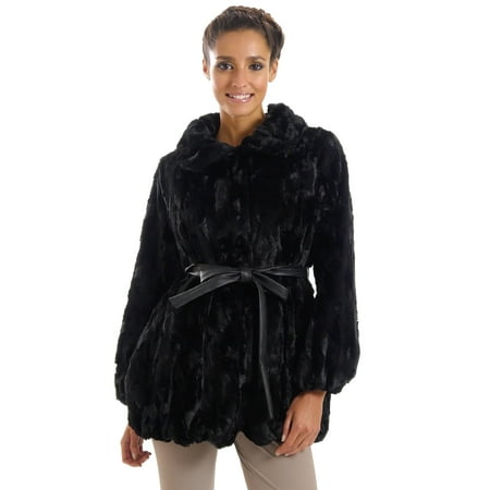Women Faux Fur Long Sleeve Jacket with Faux Leather Belt (BLACK,