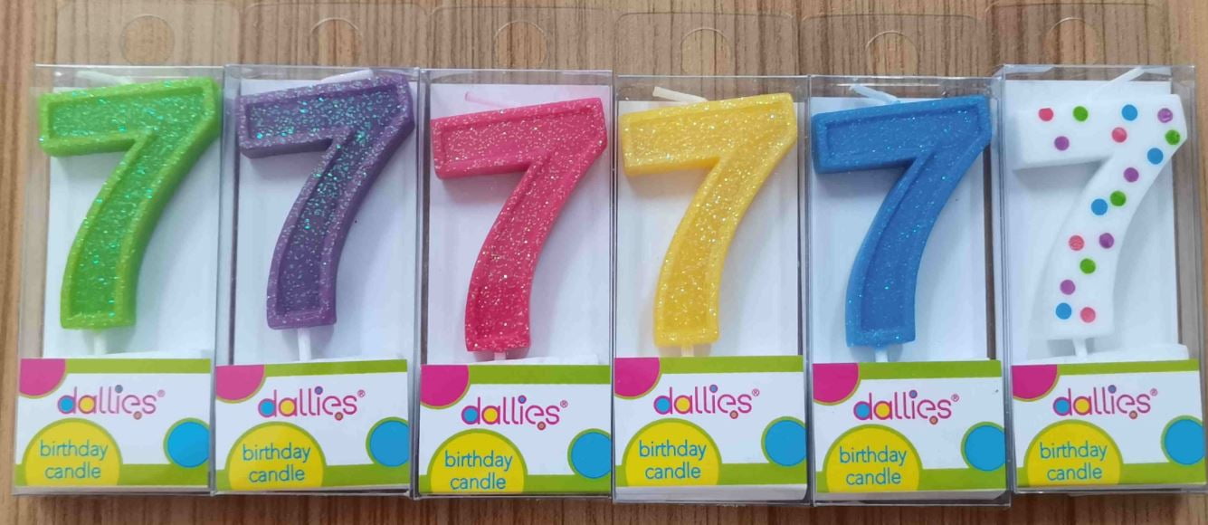 Dallies #7 Birthday Candle W/Pick, Assorted Colors with Polka Dots or Glitter, 1.8 in, 1ct