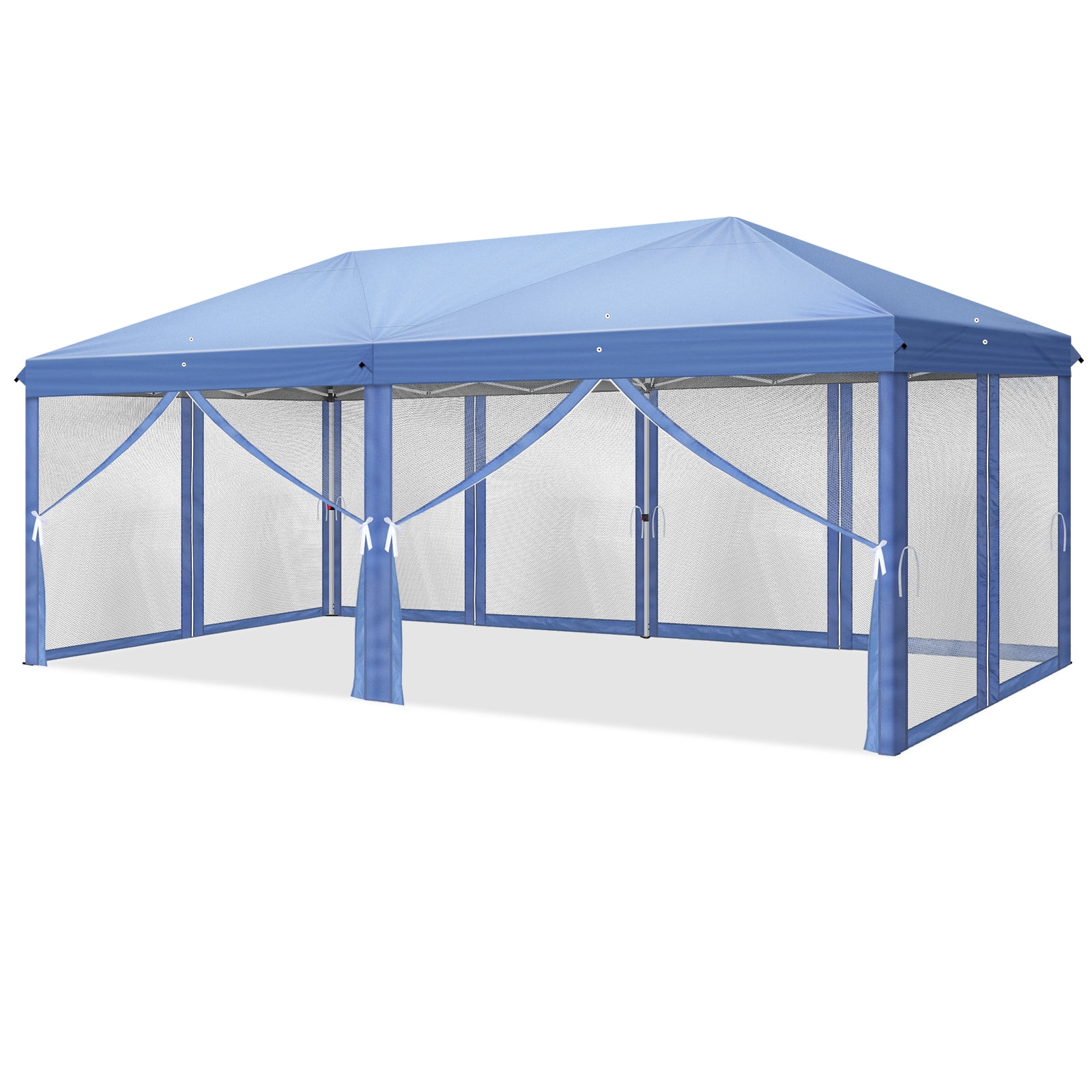 10x20ft Instant Pop Up Canopy Tent Blue, 6 Mesh Panels 2 Doors 4 Net Sides, Powder Coated Iron Frame 28/22mm Leg & 10×20mm Crossbar, 210D Oxford Folding Outdoor Shelter with Carry Bag No Sandbags