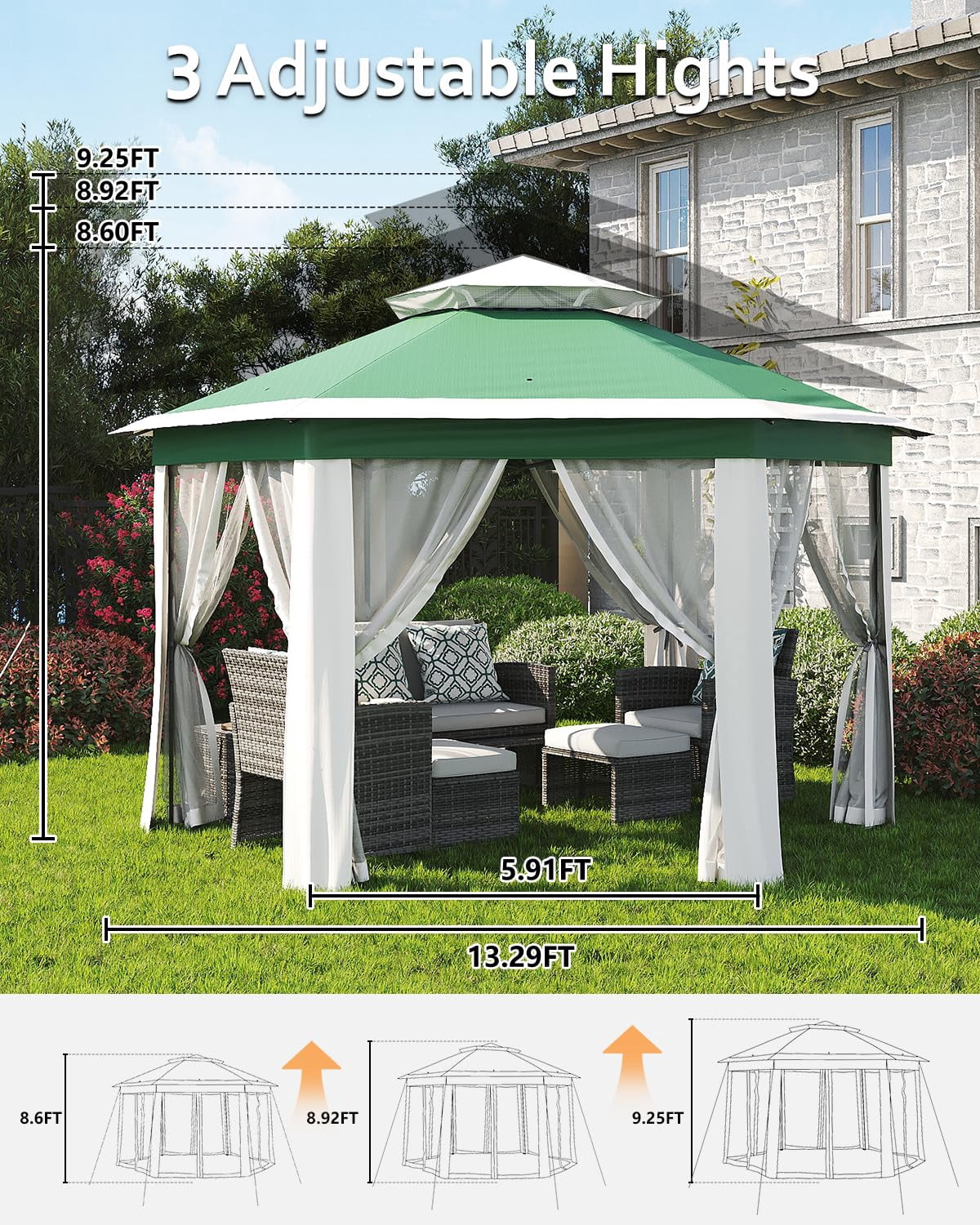 Luku 13'x13' Pop-Up Gazebo, Outdoor Hexagonal Patio Gazebo with Mosquito Netting, Instant Setup Canopy Tent with Strong Steel Frame and Sandbags, for Backyard, Gardens, Patio