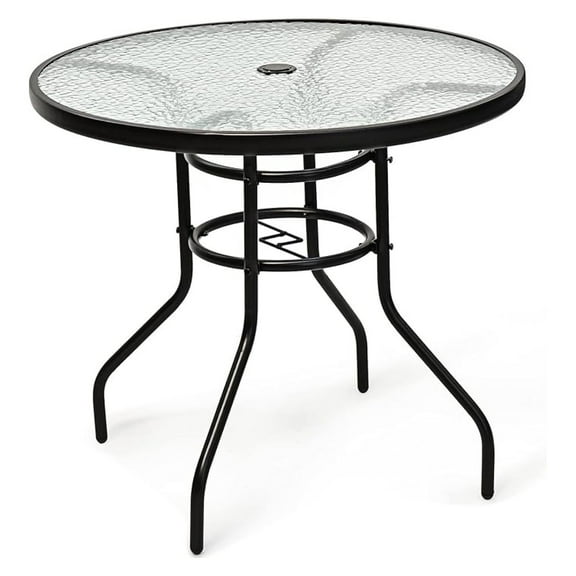 32'' Patio Table with Umbrella Hole, Outdoor Bistro Table w/Tempered Glass Top & Sturdy Metal Frame, Round Patio Dining Table Coffee Table for Garden, Balcony, Poolside