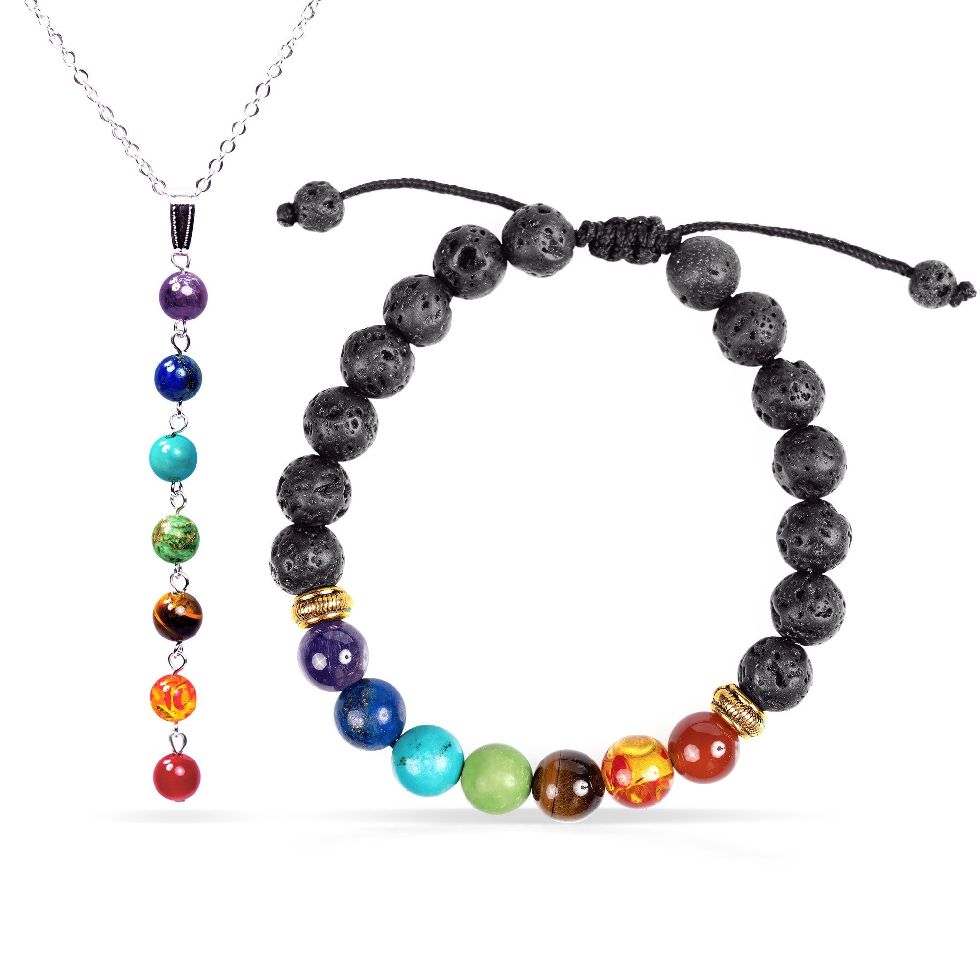 7 Chakra Healing Bracelet with Real Stones, Volcanic Lava, Mala