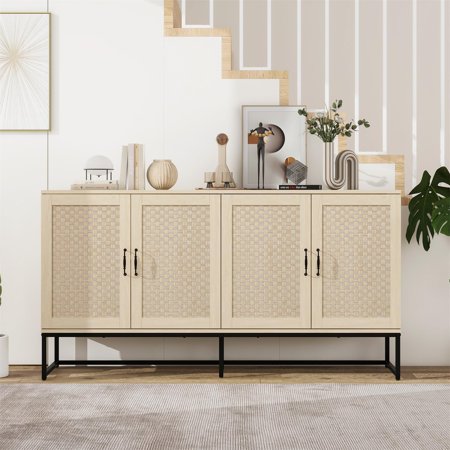 Rattan Cabinet with 3 Doors Natural Sideboard Buffet Cabinet Large Storage Organizer with Caning Doors Narrow Cane Storage Cabinet for Entryway (Natural)