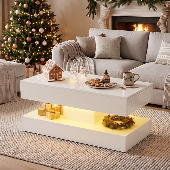 JOIVI High Gloss Coffee Table with 2 Storage Drawers, Modern LED Coffee Table, 2 Tiers Rectangle Center Table, 16-Color LED Lights, White