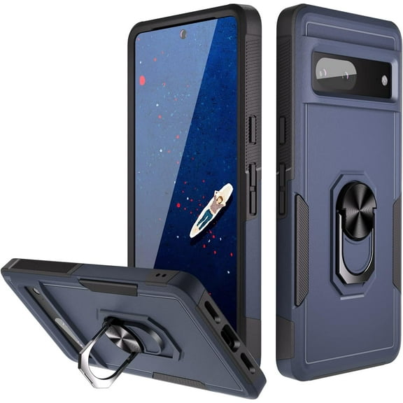 Compatible with Pixel 7 Case, with 360° Metal Rotating Ring Holder Kickstand, Dual Layer Full Body Shockproof Protective Cover Case for Google Pixel 7 6.3 inch 2022, (Blue)