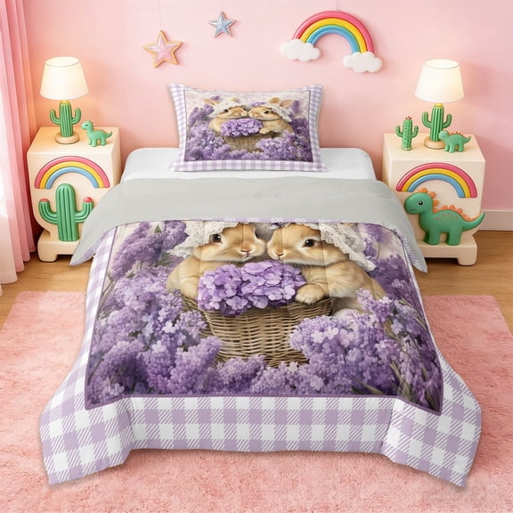 Erosebridal Rustic Lavender Flowers Twin Comforter Sets,Cute Cartoon Rabbit Bedding Set For Girls Kids, Reversible 2-Piece