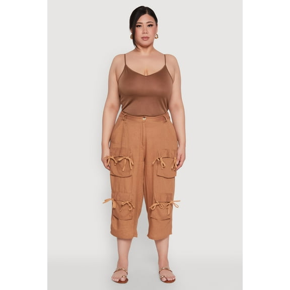 Womens Plus Size Tie Cargo Pocket Capri Pants