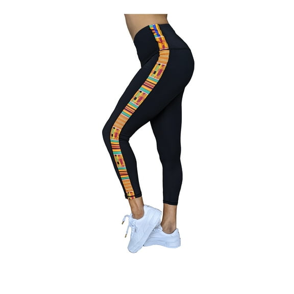 Washoge Accrah Women's High Waist Yoga Tights / Pants Workout Leggings with Kente African Print Strip (XS-2X)