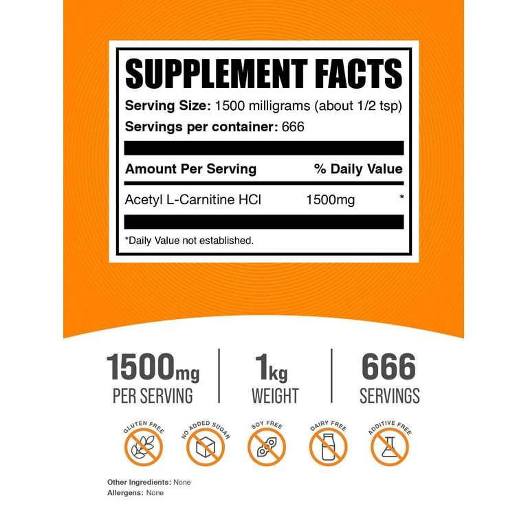 BulkSupplements Acetyl L-Carnitine Powder - ALCAR HCl, Amino Acid  Supplement - Unflavored, 1.5g per Serving, 1kg (2.2 lbs)