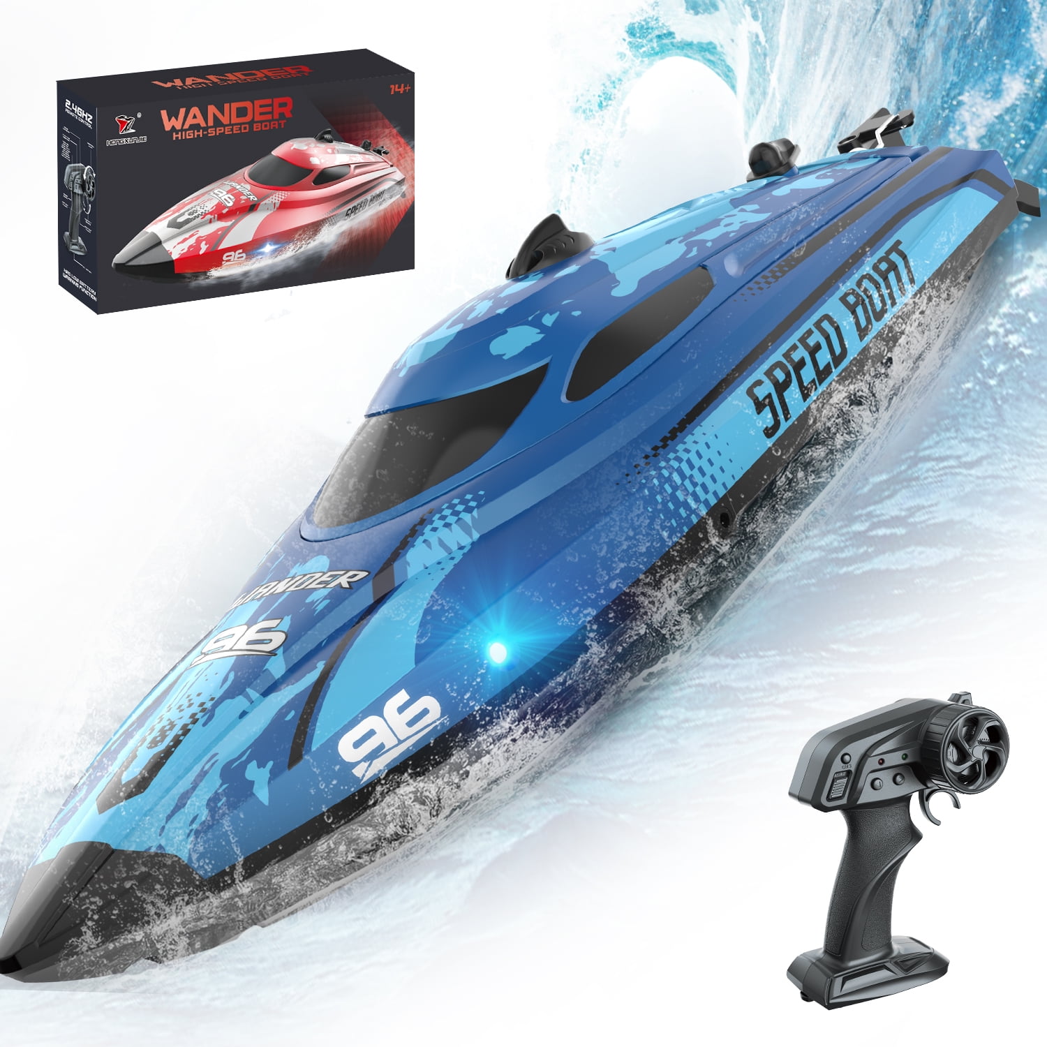 JoyStone Remote Control Boat with LED Lights, 20+ mph, 12 inch High-Speed RC Racing Boats for Pool & Lakes, Pool Toys for Kids & Adults, Blue