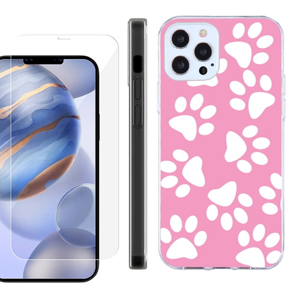 Slim Fit Protective Phone Case for Apple iPhone 12 / iPhone 12 Pro, with Tempered Glass Screen Protector, by OneToughShield ® - Pet Paw/ Pink