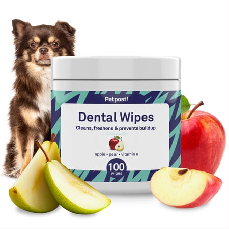 Petpost Dental Wipes for Dogs - 100 Pre-Soaked Cotton Pads with Mint & Apple Flavor - Natural Bad Breath Remover & Tooth Cleaning Solution