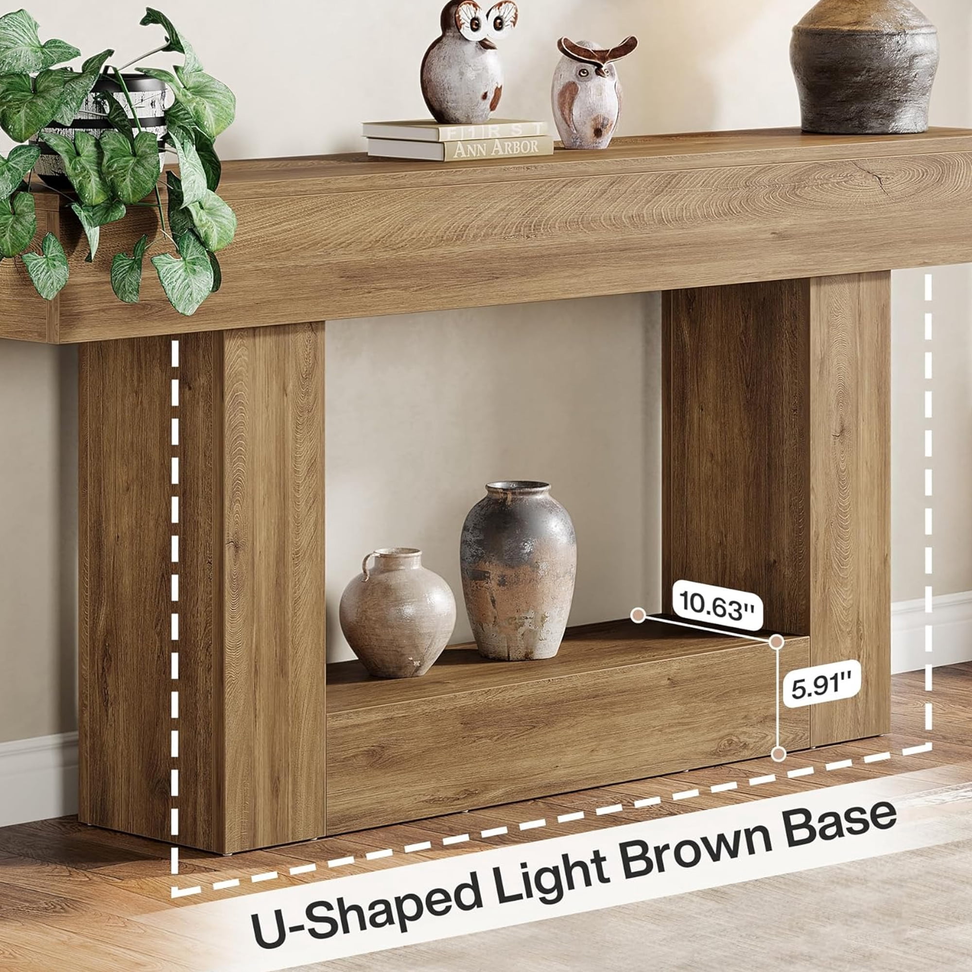 63" Farmhouse 2-Tier Console Table, U-Shaped Base Entryway Table, Narrow Wood Sofa Table Behind Couch for Living Room & Hallway (Light Brown)