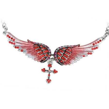 Tri Color Gold Cross - Angel Wing Cross Choker Necklace Guardian Women Biker Crystal Jewelry Gifts Her Girl Silver Color (18+2)