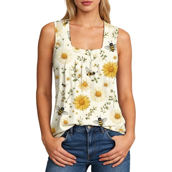 WEIWEN Summer Tank Tops for Women Pleated Floral Printed Square Neck Sleeveless Shirts Casual Loose Fit Trendy Camisole Vest Blue, XXL