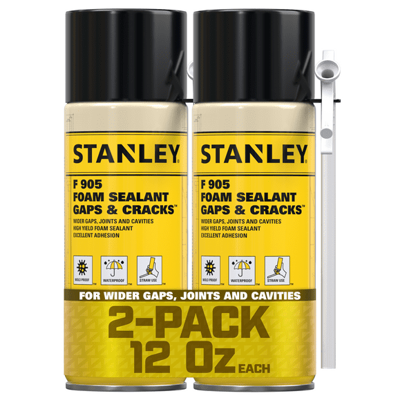 Stanley F905 Gaps & Cracks Polyurethane Foam Sealant with Straw Adapter - Waterproof - 12oz - 2 Pack