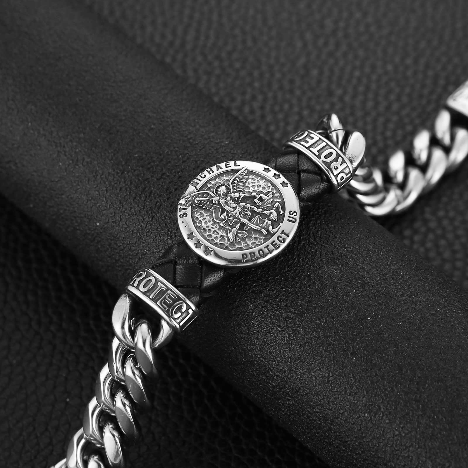 HZMAN 8.5Inch Cuban Chain Bracelet Classic Heavy Stainless Steel Bracelet for Men Biker Saint Michael Archangel Medal Link Bracelet Jewelry Gift