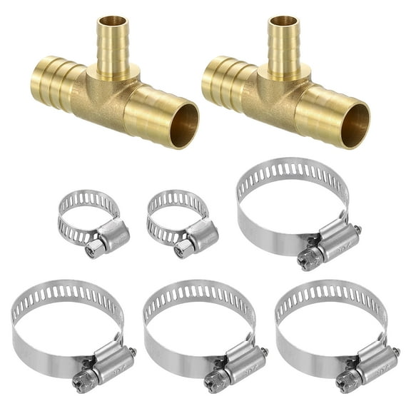 2pack Brass Tee Barb Fittings, 3-Ways Tee 3/4" x 1/2" x 3/4" Barbed, with 6pack Hose Clamps