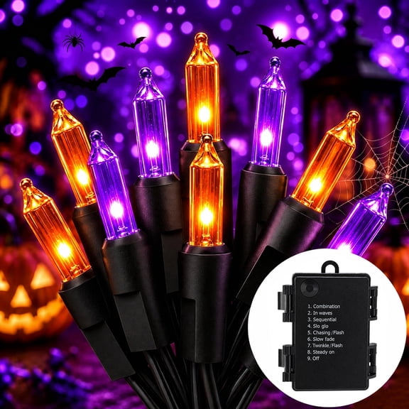 Halloween String Lights Battery Operated, 16.4Ft 50 LED Orange and Purple Fairy Lights with Timer & 8 Modes, Waterproof Indoor Outdoor Spooky Lighting for Room Porch Party Decorations