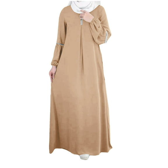 Ruimatai Women's Long Sleeve Muslim Dress Casual Floral Maxi Dress Round Neck Cotton Summer Beach Vacation Elegant Loose Fit Tunic
