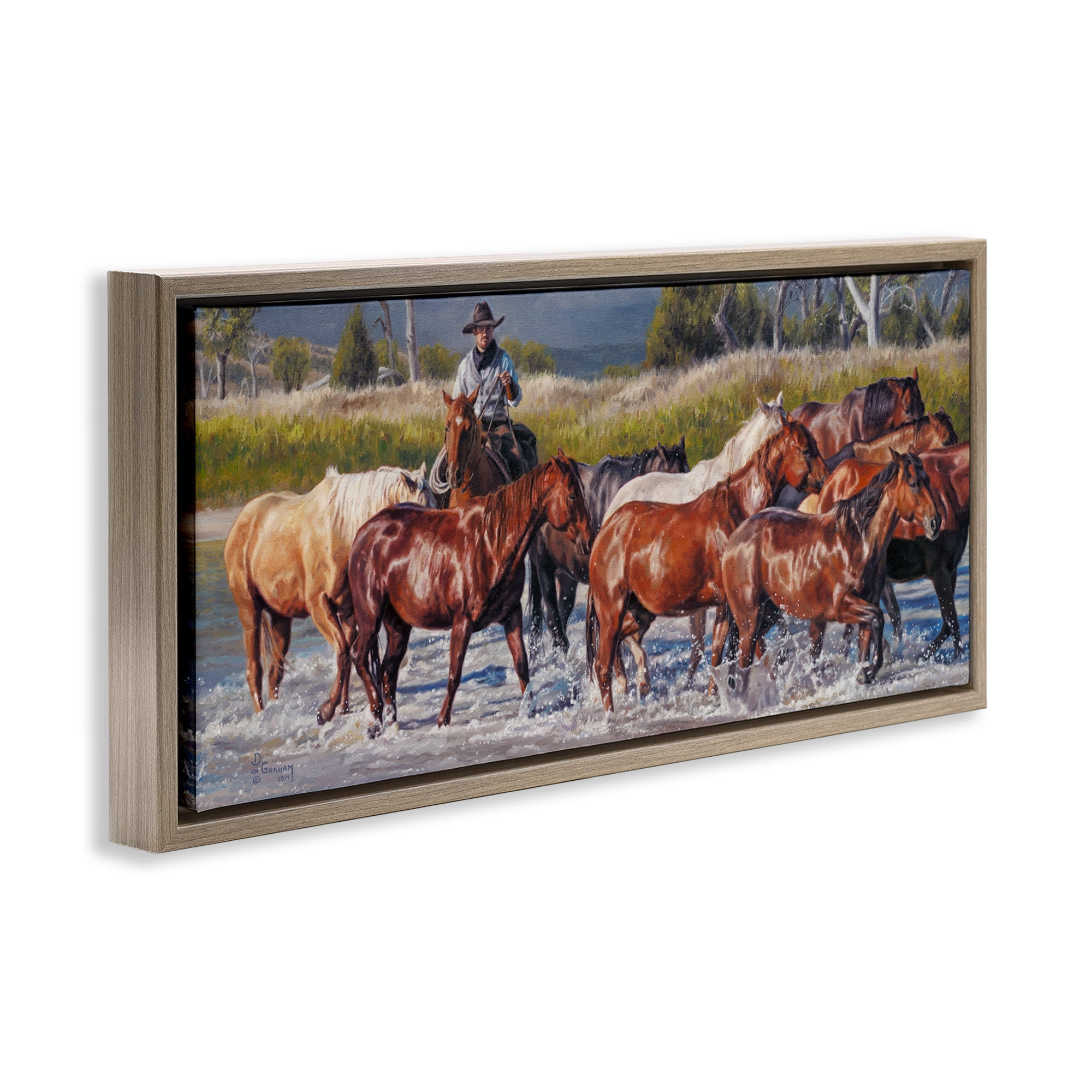 Stupell Industries Crossing The Remuda Animals & Insects Painting Brown Floater Framed Canvas Art Print Wall Art, 31 x 14