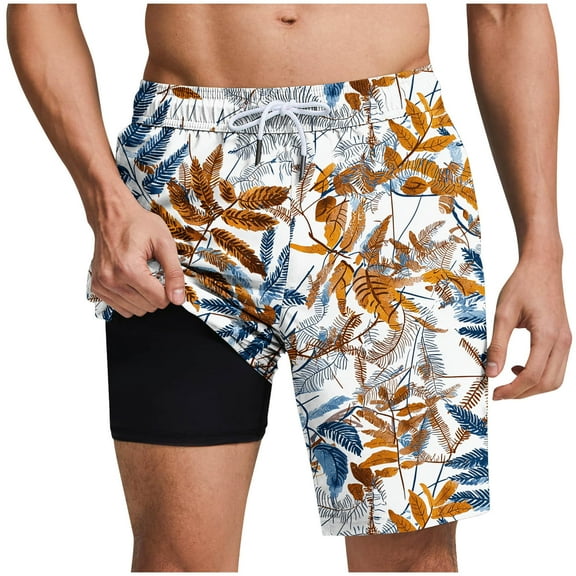 LIBRCLO Mens Swim Trunks with Liner 2 in 1 Bathing Suits Quick Dry Hawaiian Print Board Shorts Lightweight Breathable Summer Beach Shorts White XXXL