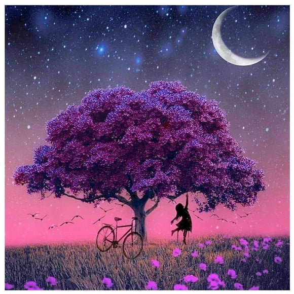 Lunfar Diamond painting of the moon, girl under the tree, DIY Rubik's cube, round diamond - 30x30cm - Tree multicolor