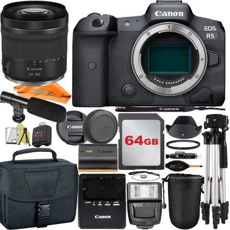 Canon EOS R5 Mirrorless Digital Camera with RF24-105mm Lens + Mount Adapter + 64GB Card + ZeeTech Accessory Bundle (International Version)