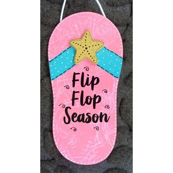 Flip Flop Season Sign Wall Art Hanger Deck Patio Pool Tiki Hot Tub Wood Plaque