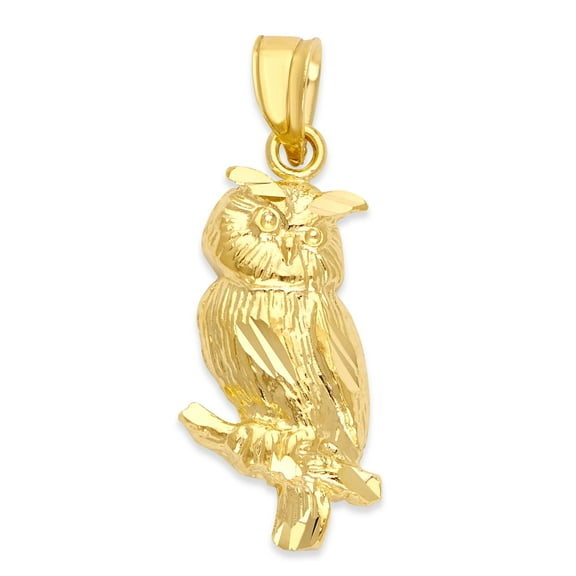 Golden Fire Solid 10k Gold Owl Pendant - Graduation Gift Owl Jewelry, Animal Pendant for Birthday