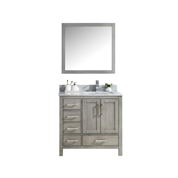 Jacques 36'' Distressed Grey Single Vanity White Carrara Marble Top White Square Sink and 34'' Mirror - Right Version