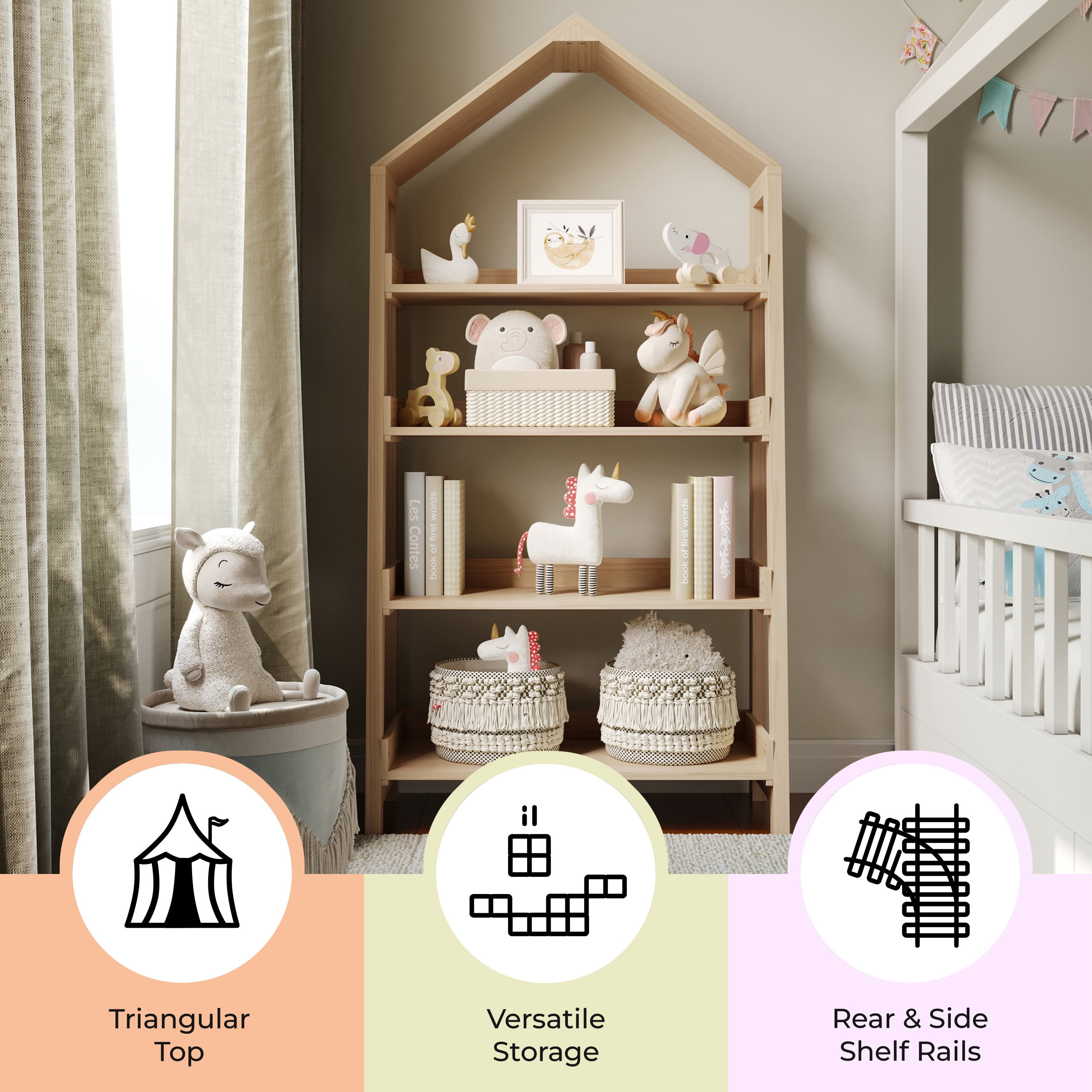 Buzz & Bloom Kids Open-Style Wooden Bookshelf with 4 Shelves and Covered Triangular Top, Natural